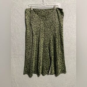 Time and Tru Leopard Print Satin Midi Skirt Green Animal Side Slit Large L